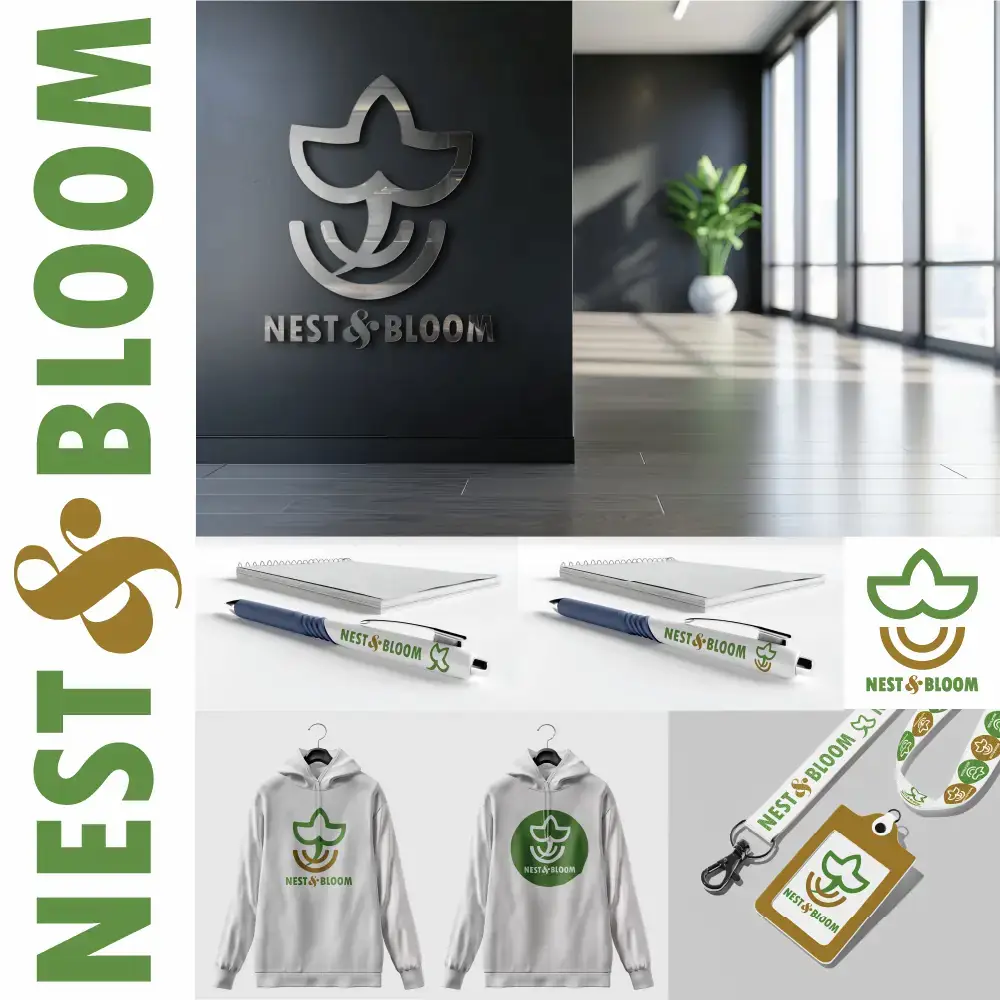 Final brand identity system and core logo for Nest and Bloom sustainable design